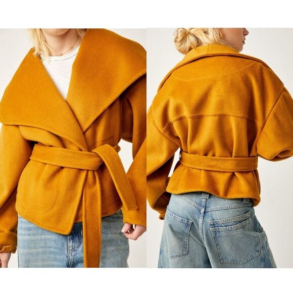 Free People Jackets & Blazers - Free People Mina Jacket Oversized Waist Tie Wrap Front faux wool Yellow Orange M